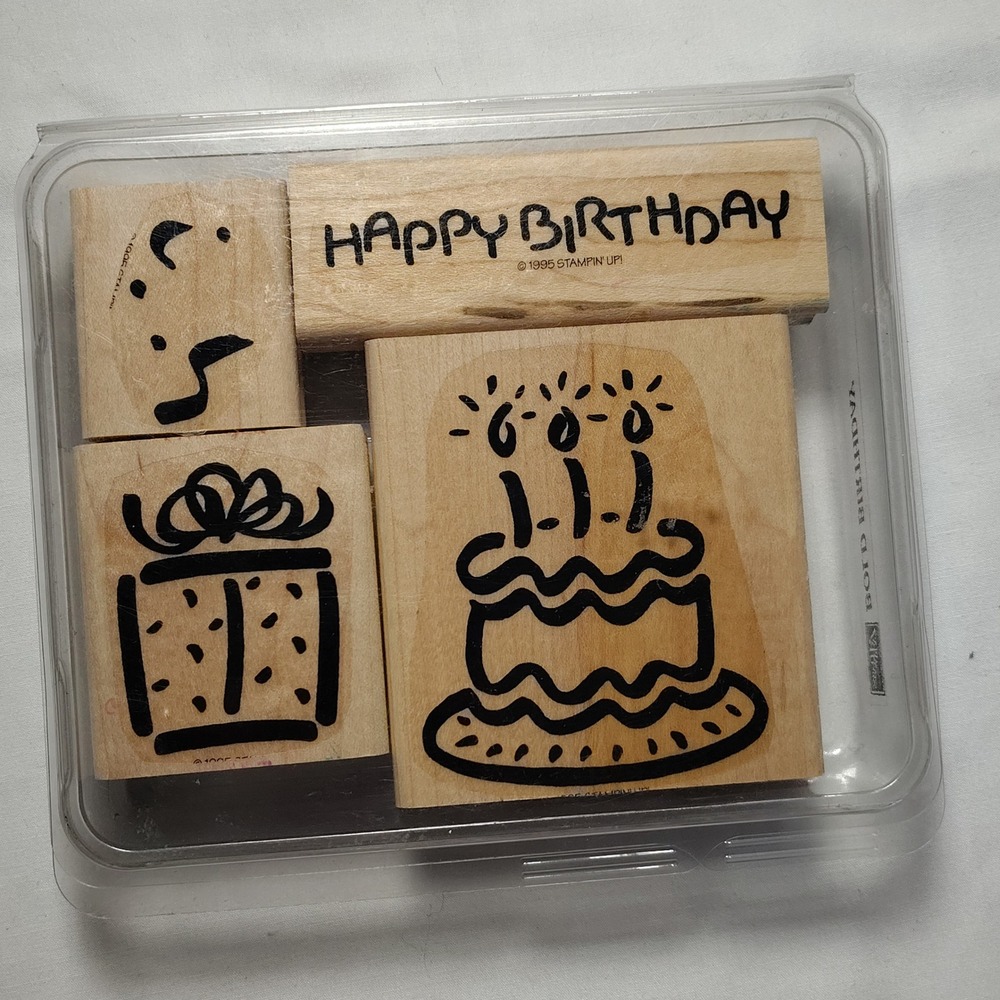 Vintage Stampin Up Bold Birthday Wood Mount Stamp Set Retired 1995‎ 4 Pieces